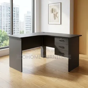 Study Desk. Gray L-Shape Home and Office Desk With Drawers