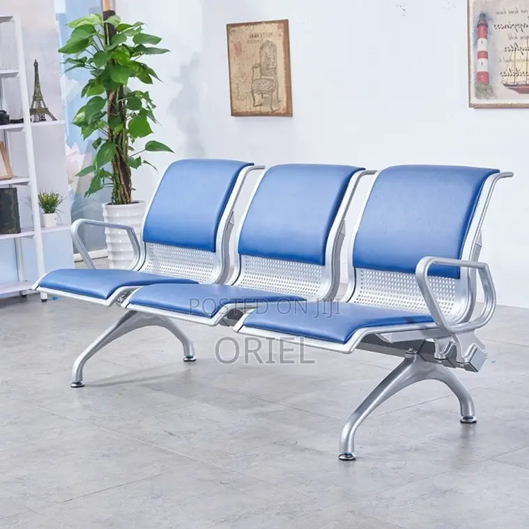 Office Bench : 3-Seater Blue Cushioned Office Leather Waiting Bench