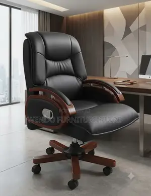 Office Chairs; Executive Heavy Leather Chair With Mahogany Armrest