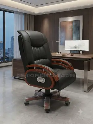 Office Chairs; Executive Heavy Leather Chair With Mahogany Armrest