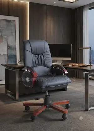 Office Chairs; Executive Heavy Leather Chair With Mahogany Armrest