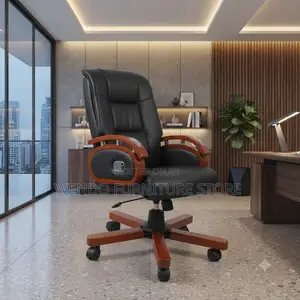 Office Chairs; Executive Heavy Leather Chair With Mahogany Armrest