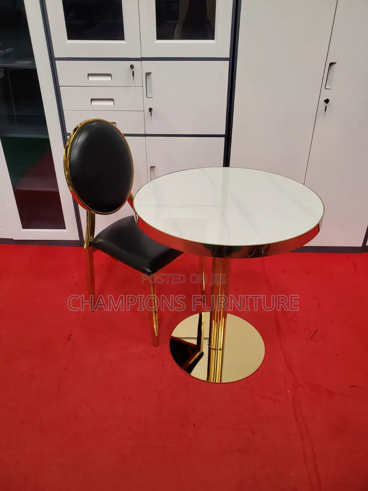 Gold Pedestal Dining Table and Medallion Chair Set