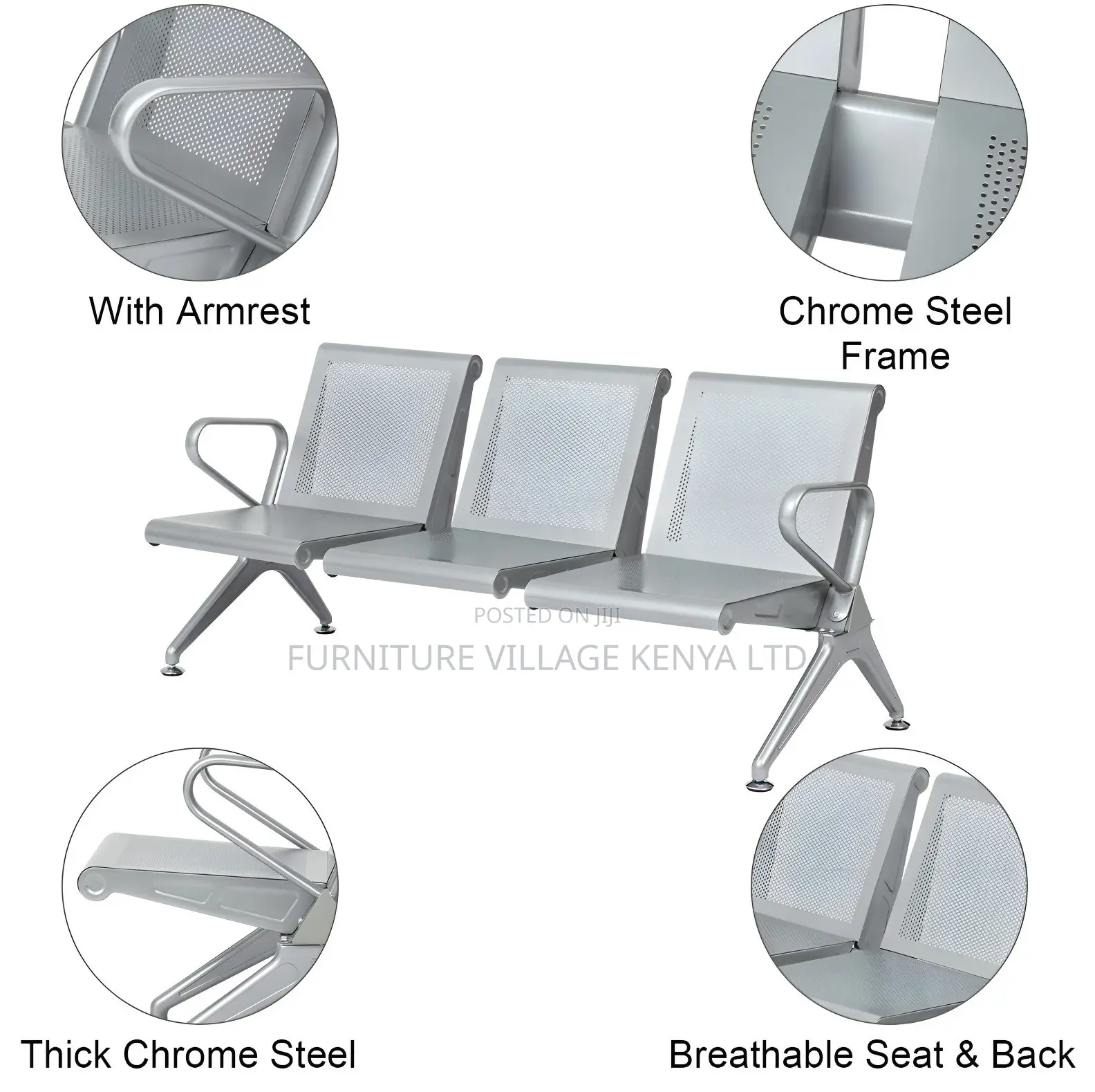Bench; Heavy Duty Non Padded Waiting Bench for Three