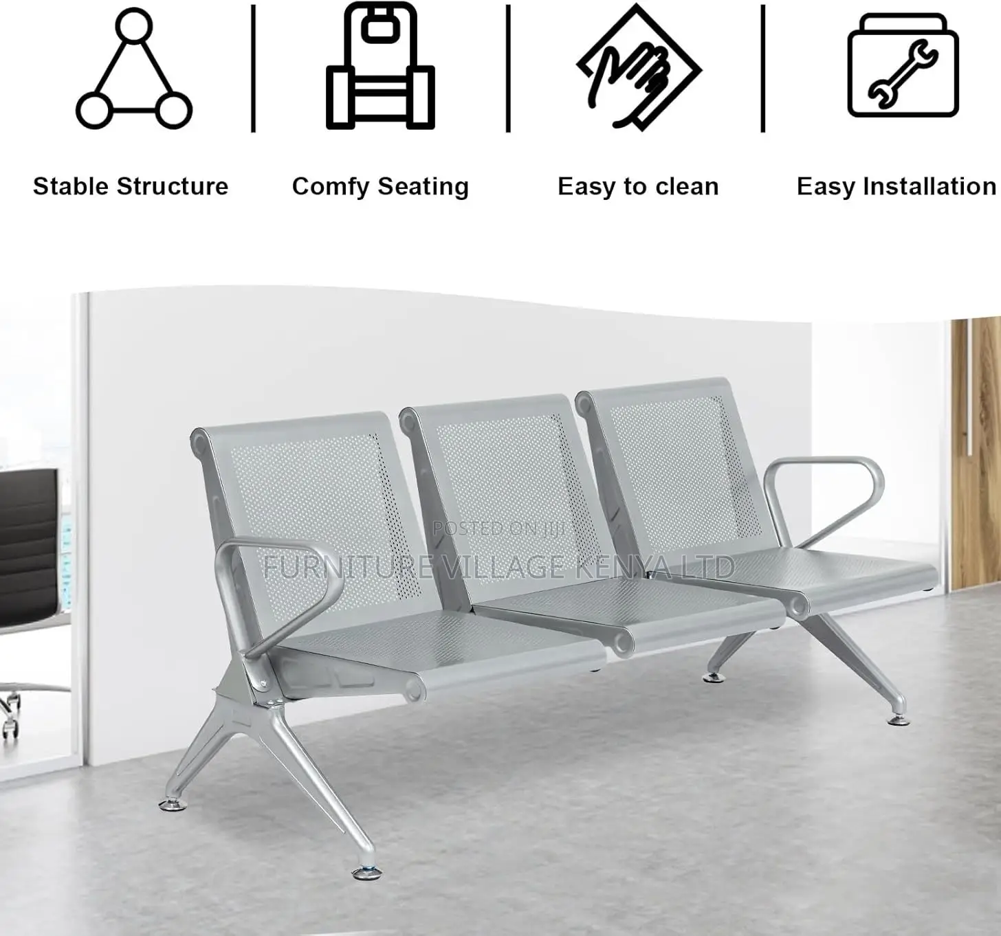 Bench; Heavy Duty Non Padded Waiting Bench for Three