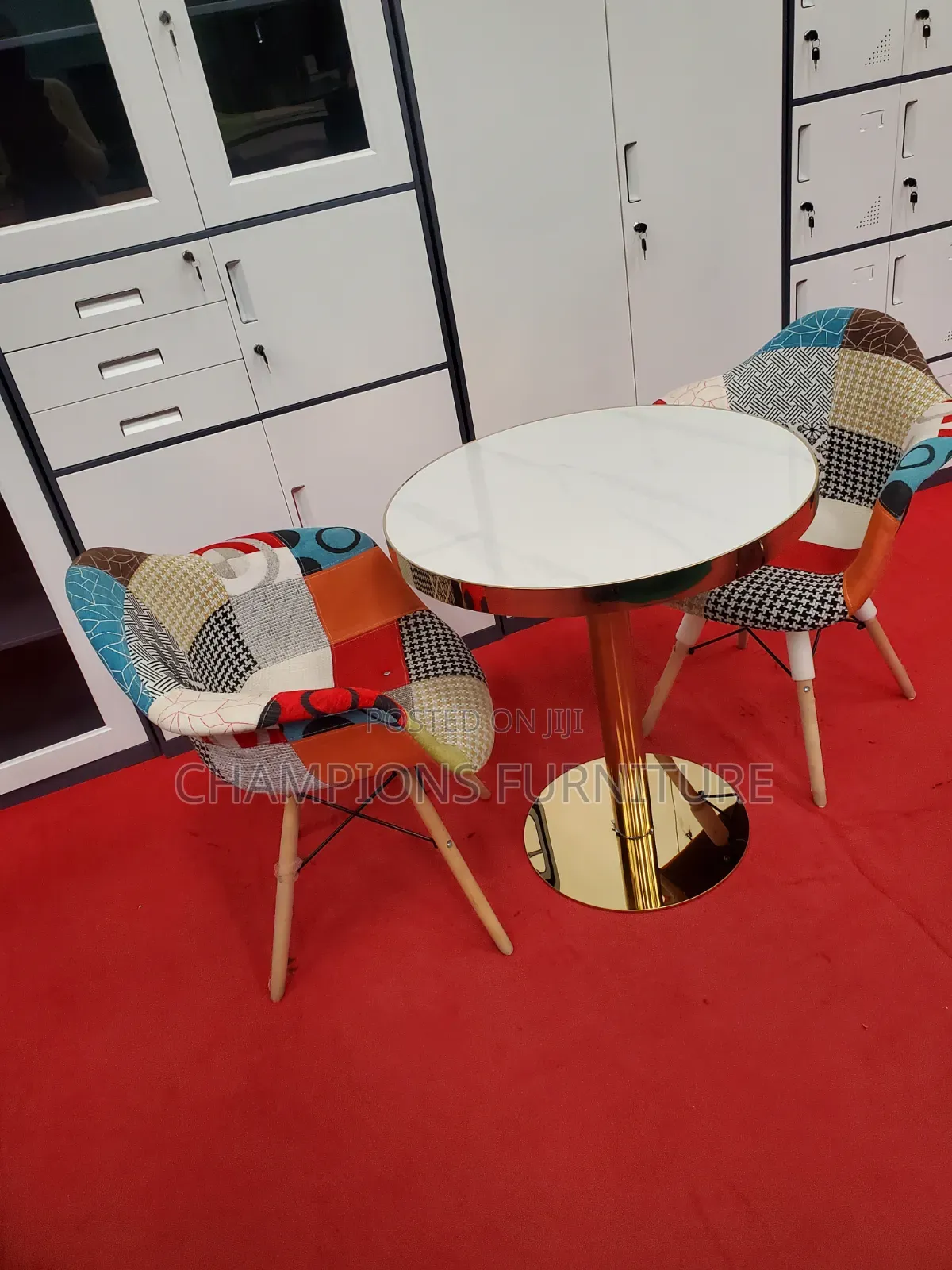 Gold Pedestal Table and Wide Patchwork Chairs
