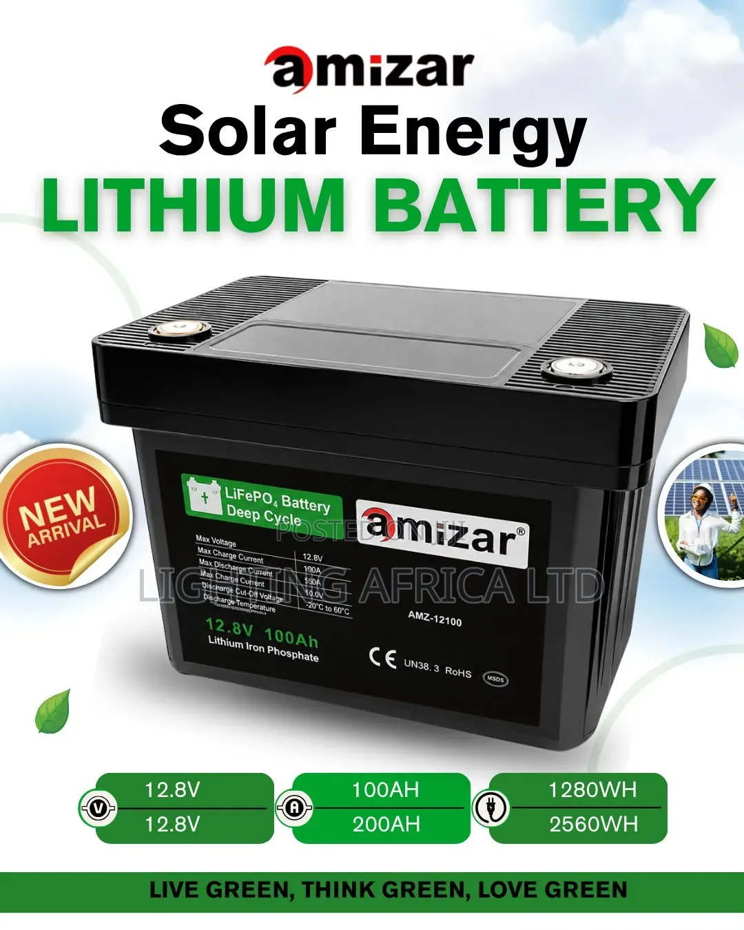 Amizar 12.8v - 100Ah Lithium Ion Solar Battery