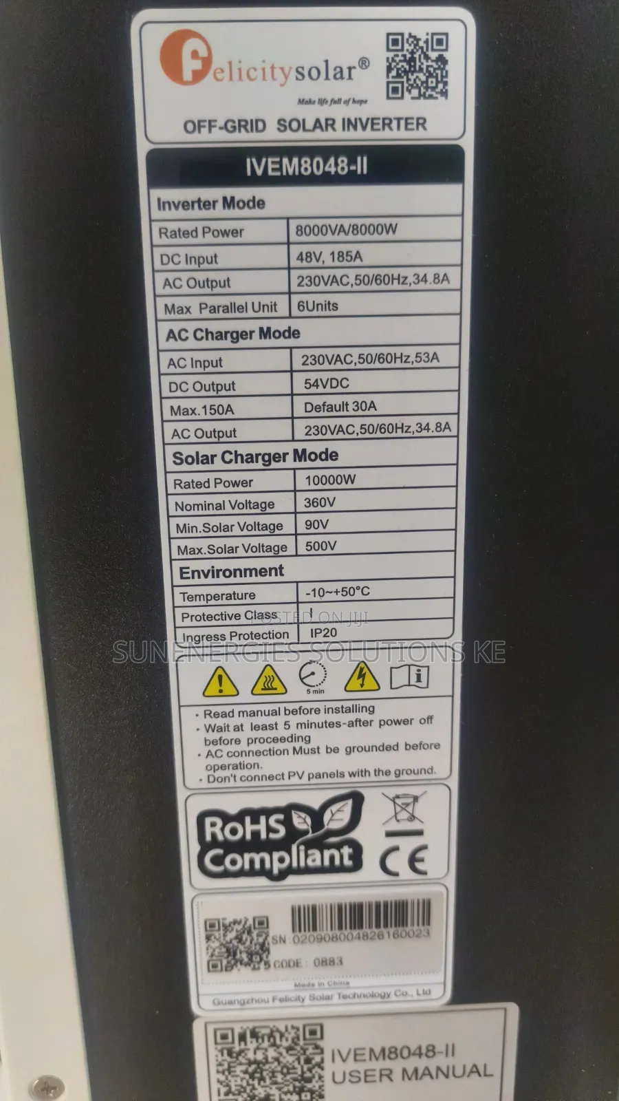 8kw /Kva 48v 185a Felecity Off-Grid Inverter