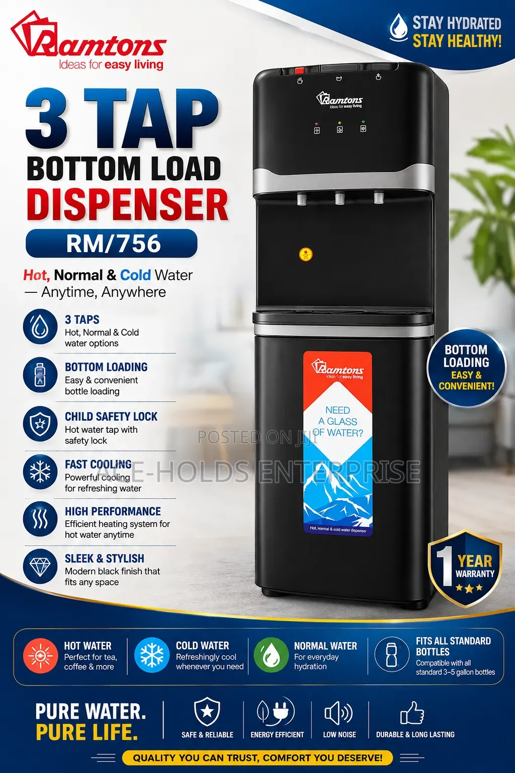 Ramtons 3 Tap Bottom Load Dispenser BLACK - RM/756 - Hot, Normal, Cold