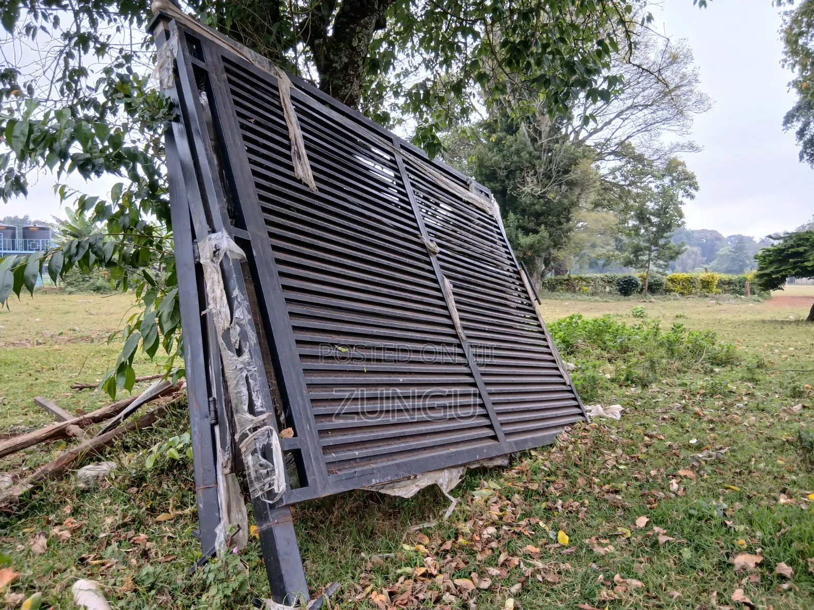 Brand New Black Louvered Steel Double Swing Gate - 2 Panels