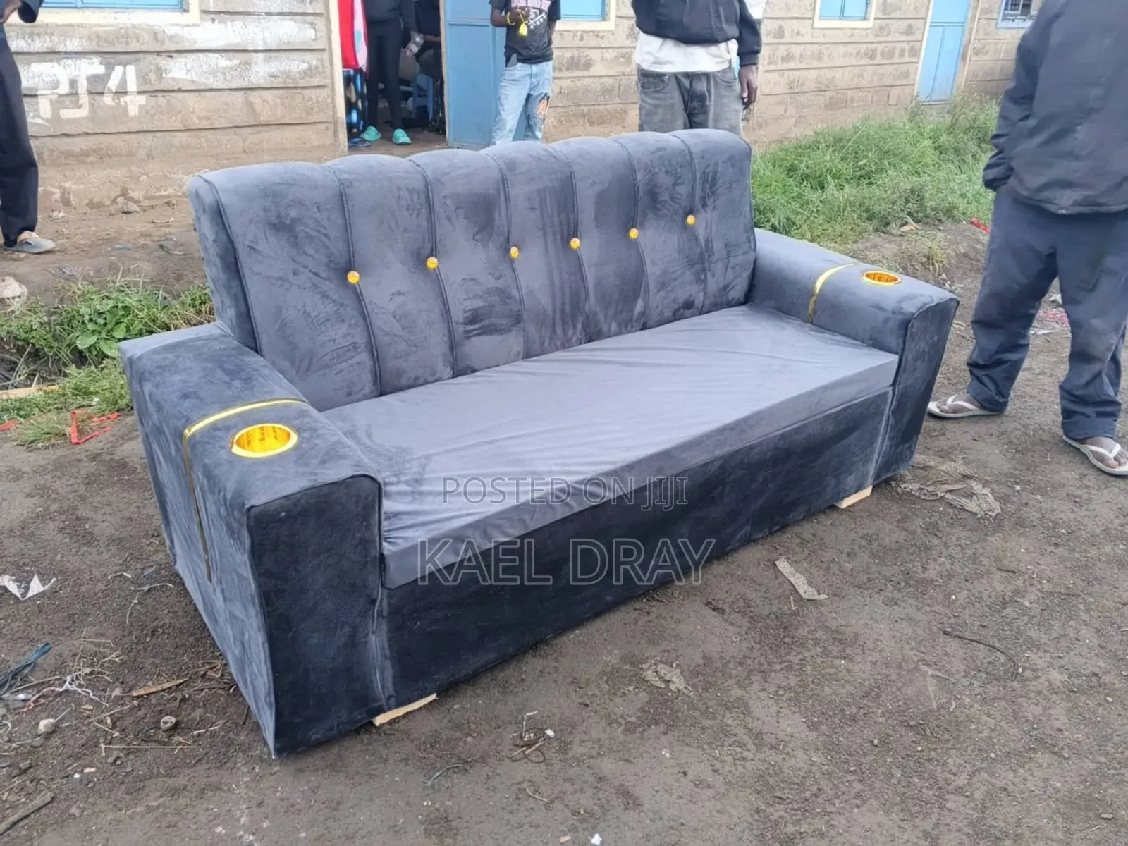Channel-Tufted Sofa With Gold Cup Holders – Navy Grey Options