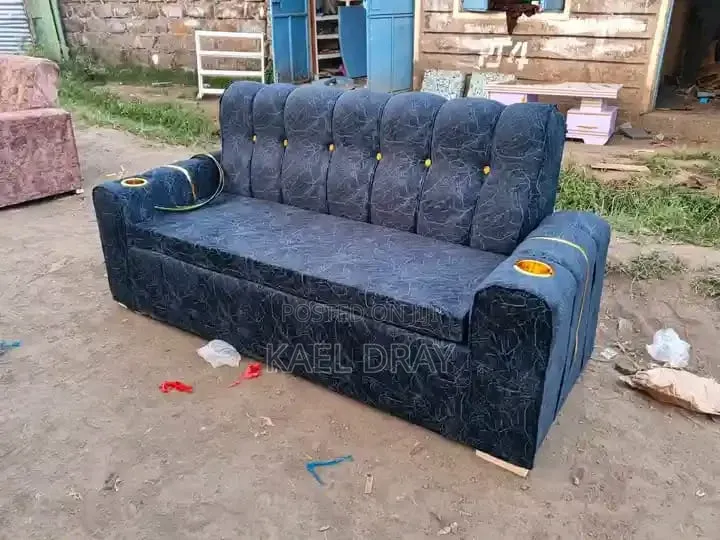 Channel-Tufted Sofa With Gold Cup Holders – Navy Grey Options