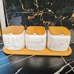 3pcs Ceramic Condiment Set With Lids Spoons Tray