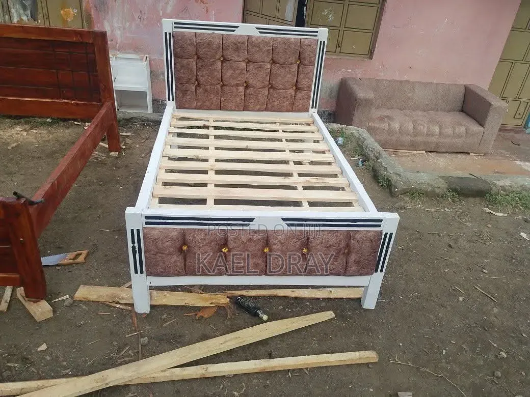 Wooden Bed Frames – Tufted Headboard, Brown White