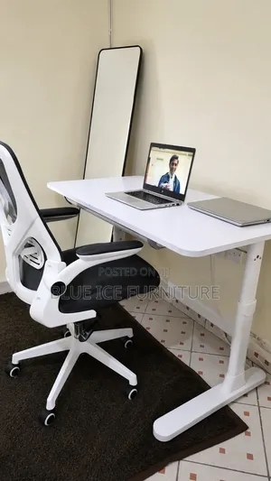Adjustable White Office Workstation With Comfortable Executive Chair