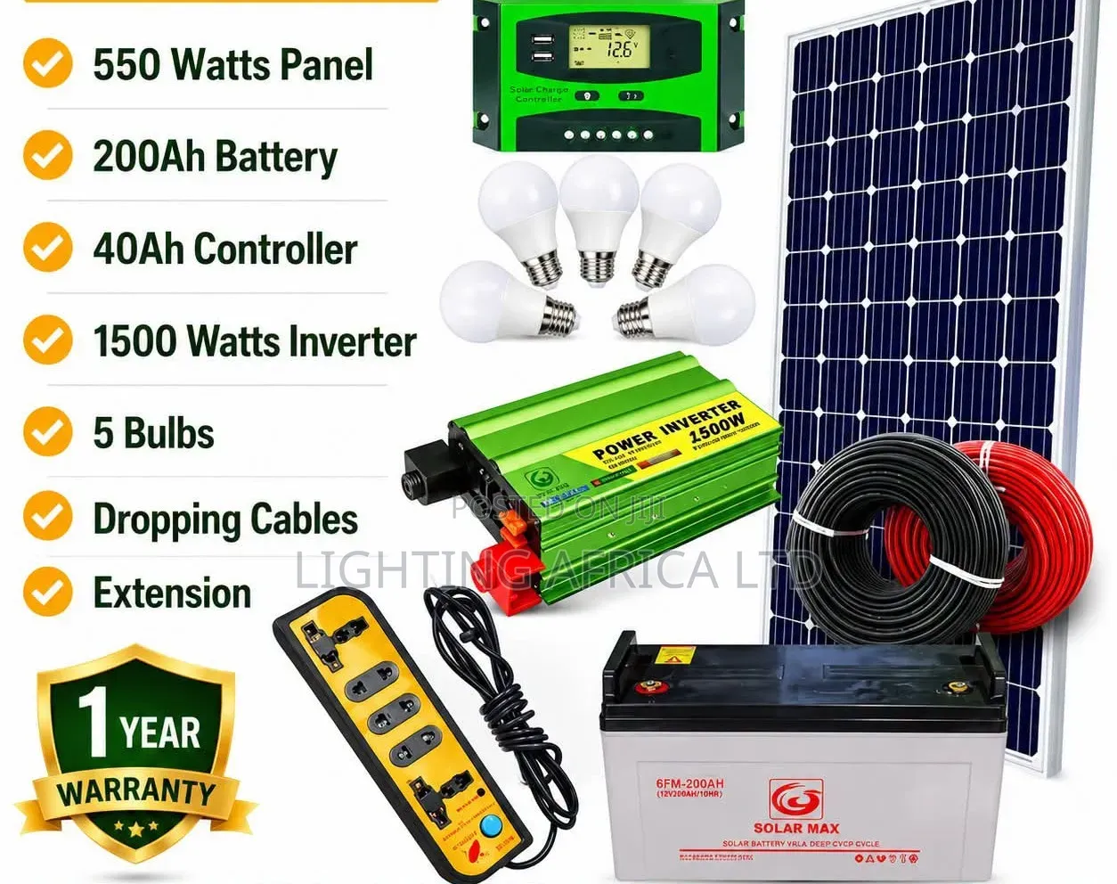 550w Solar Full Kit for 43" TV, Woofer,8 Lights, WiFi 4ch CCTV