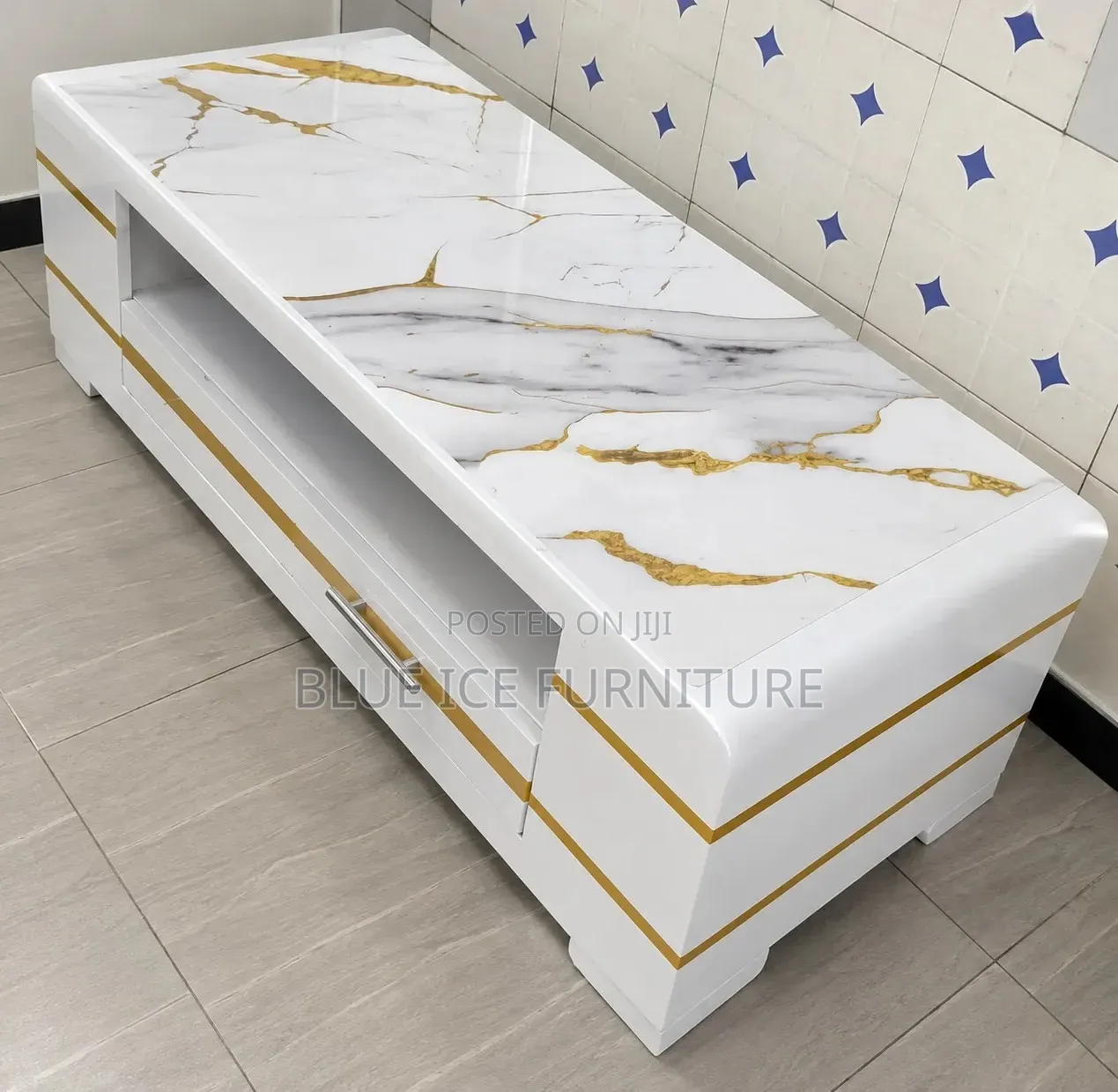 Coffee Table;Modern White Marble TV Stand With Gold Stripes –
