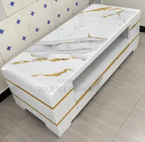 Coffee Table;Modern White Marble TV Stand With Gold Stripes –