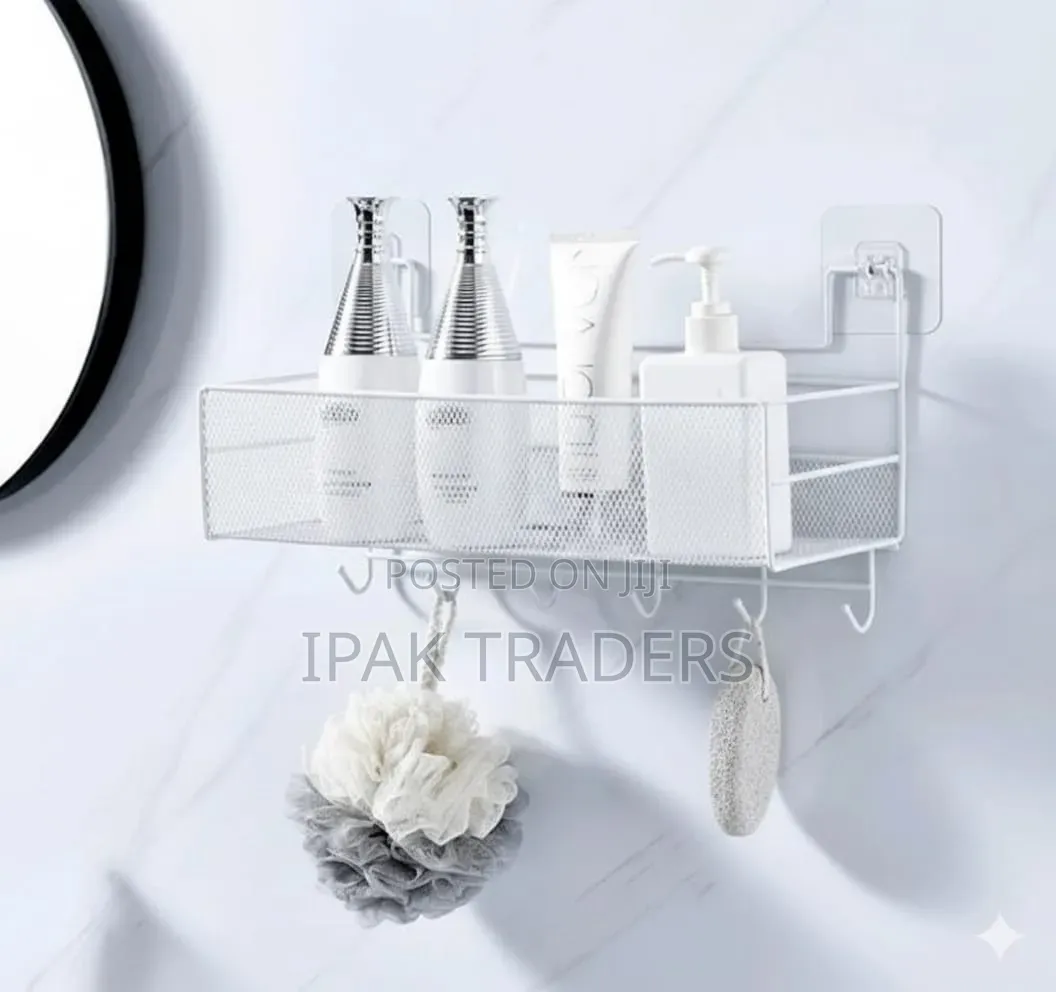 *Wall-Mounted Bathroom Shelf Shower Shampoo Rack With Hooks*