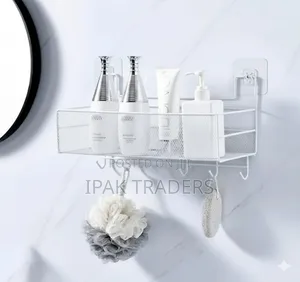*Wall-Mounted Bathroom Shelf Shower Shampoo Rack With Hooks*