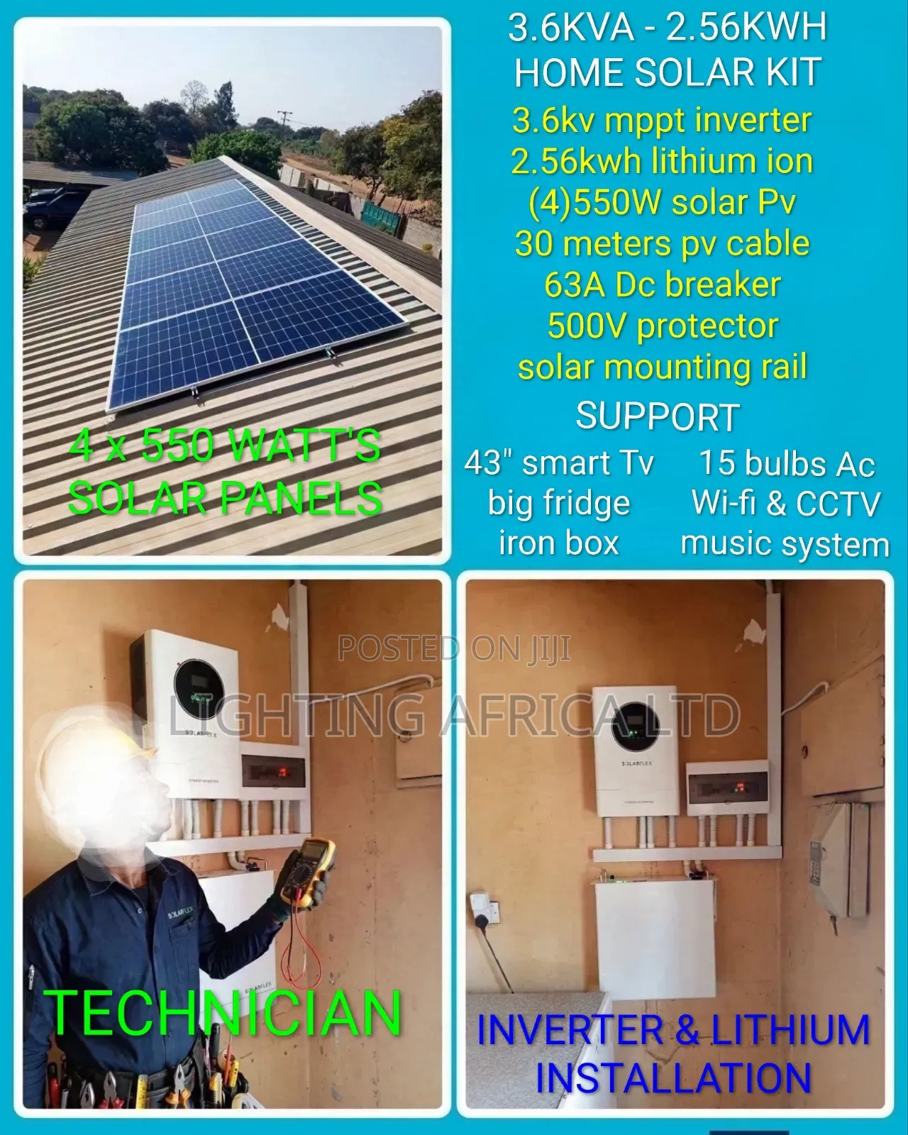 3.6kva Inverter - 2.56kwh Lithium -(4)550w Solar - Install Transport