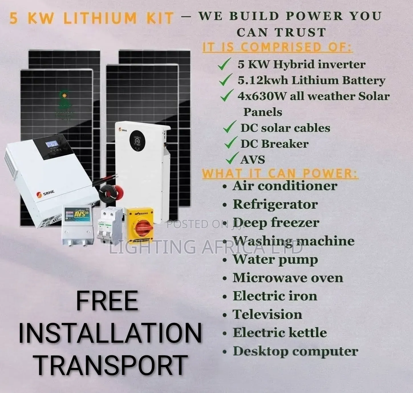 5kw - 5.12kwh Lithium Home Solar Kit Free Installation Transport