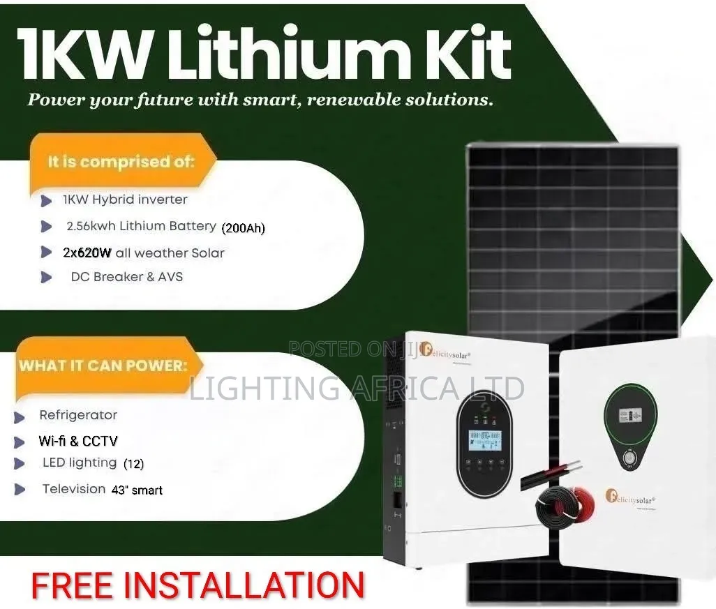 1kwh Hybrid Inverter - 200Ah Lithium Battery - (2)620W Solar Install