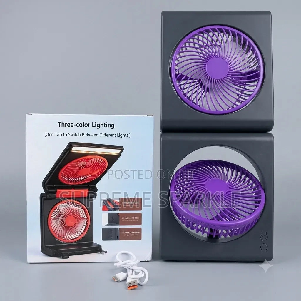Foldable Desktop Fan Dual Head LED Light USB Rechargeable Portable
