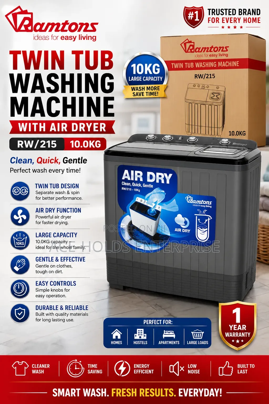 Ramtons RW/215 10KG Twin Tub Washing Machine – With Air Dryer Function