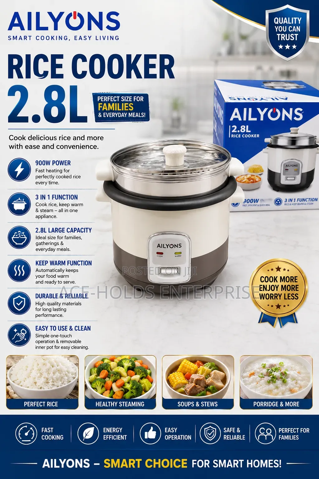 AiLyons 2.8L Rice Cooker – 900W | 3-in-1 Function