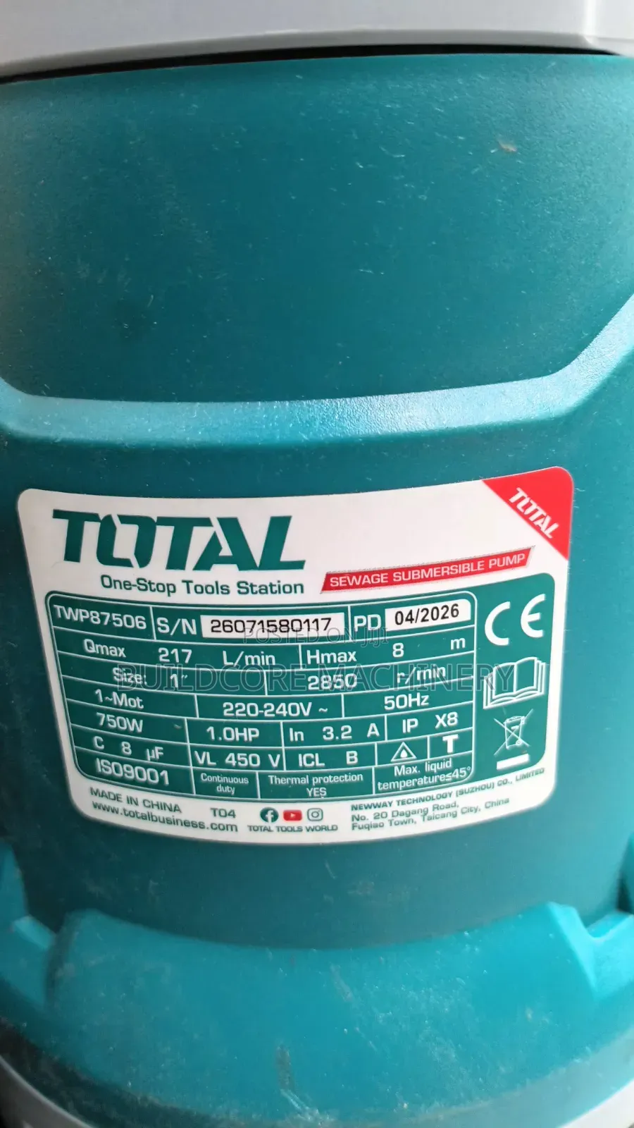 Total Sewage Submersible Pump 1hp 750watts