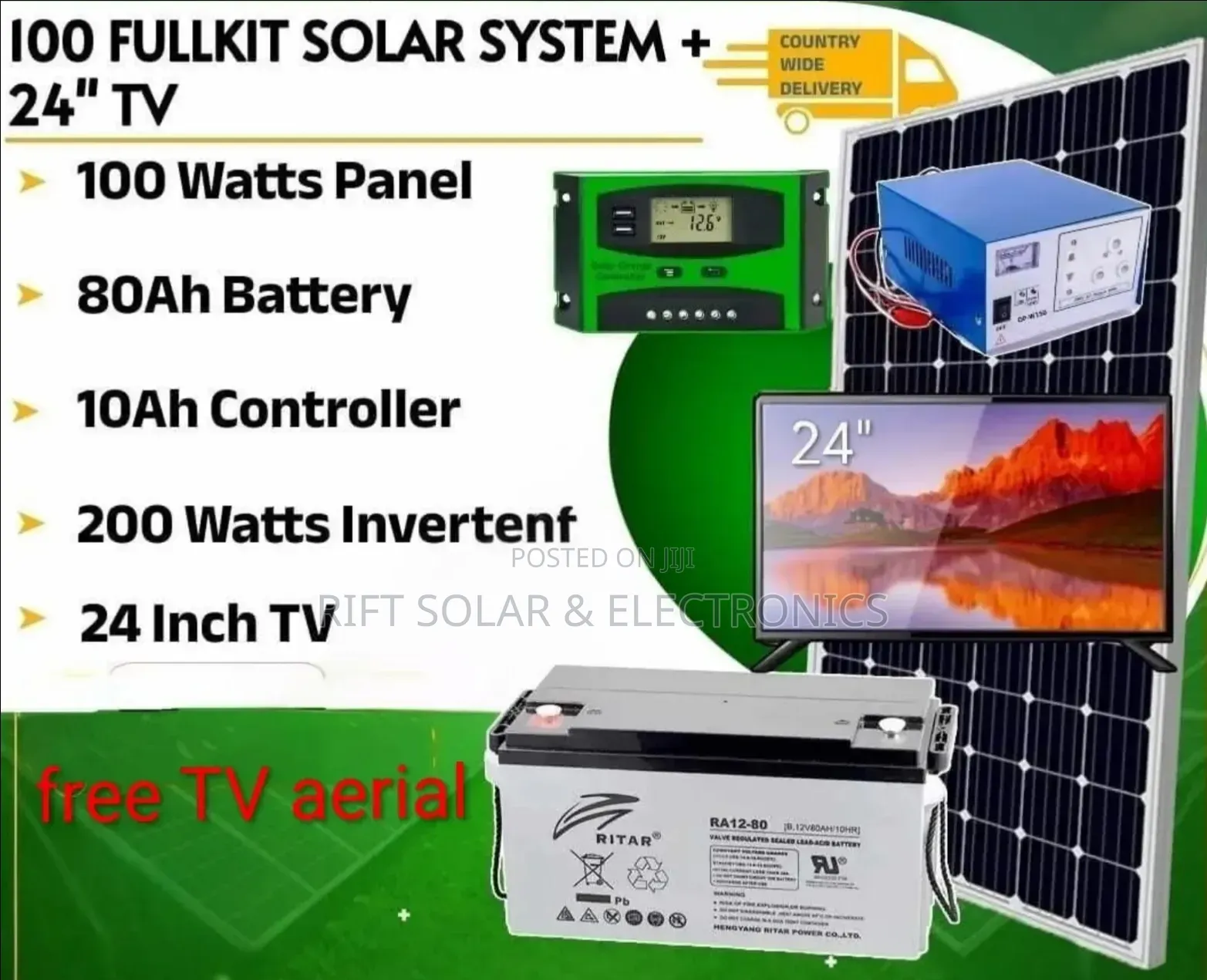 100 Watts Full Package - 24" Digital TV - 80ah Gel Battery - TV Aerial