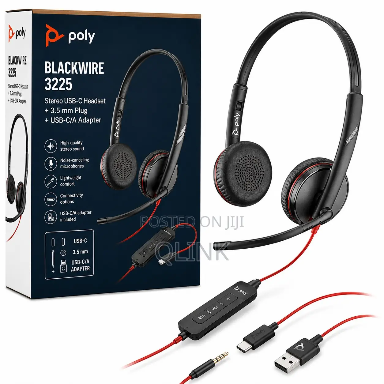 Poly Blackwire 3225 Stereo USB-C Mics +3.5mm Plug +USB-C/A Adapter