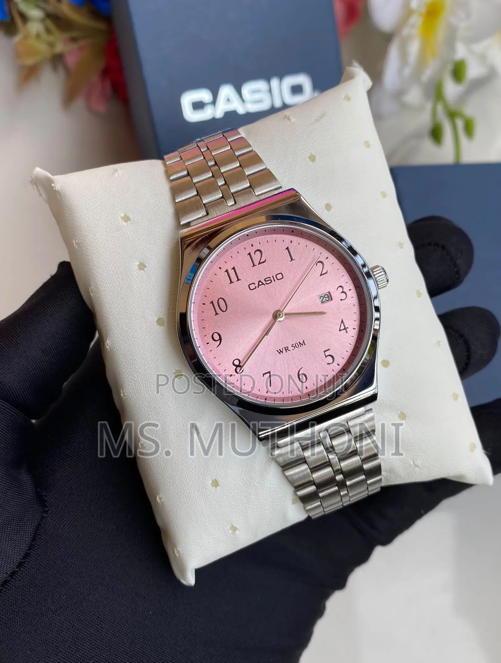 Casio MTP-B145D-4AV Pink Dial Stainless Steel Analog Watch.