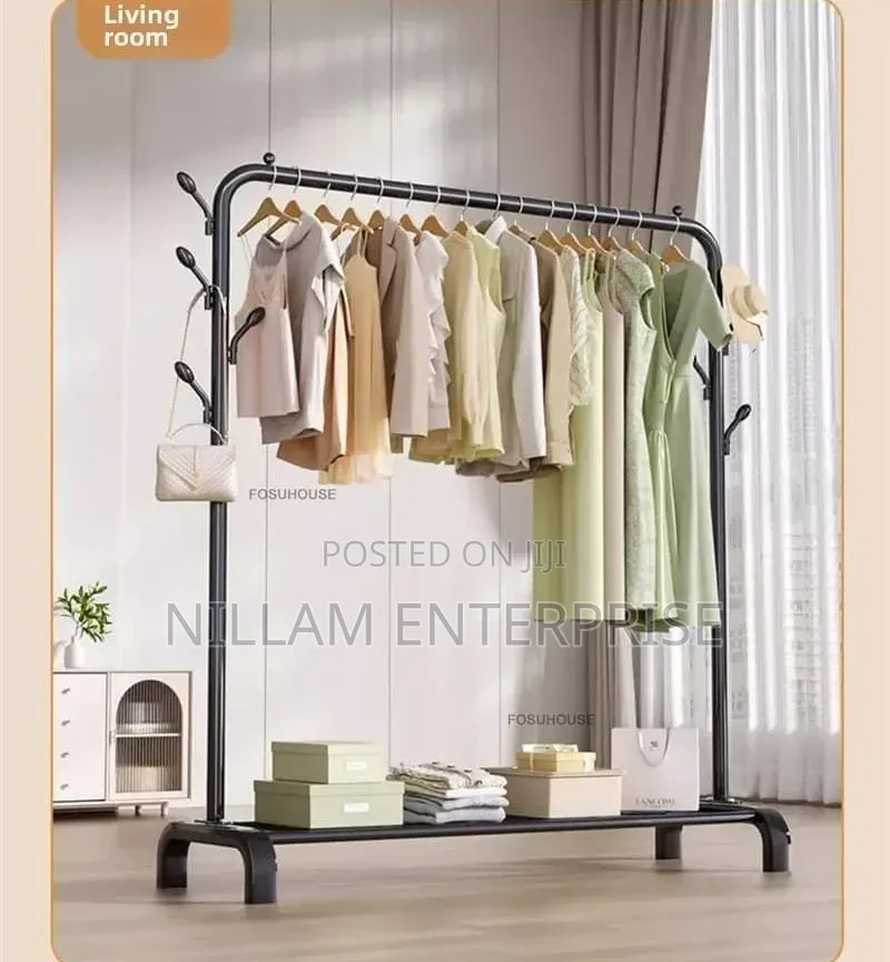 Single Pole Clothes Rack With Hooks and Wheels