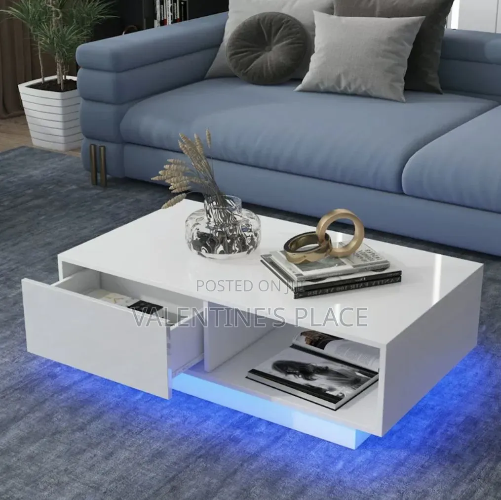 Modern High-Gloss White Coffee Table With LED Lights Storage