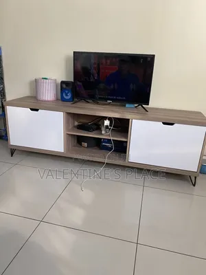 Modern Wood-Finish White TV Stand / Media Console With Storage