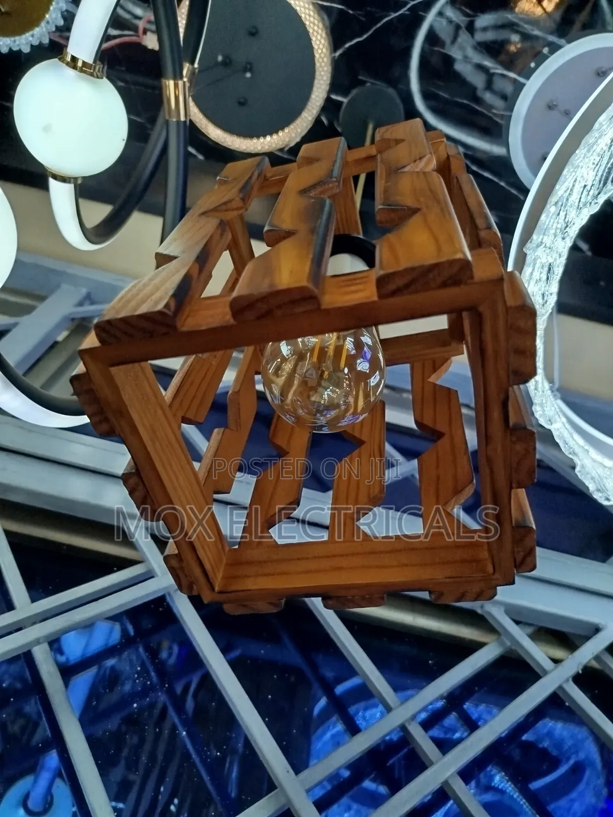 Rustic Geometric Wooden Cage Pendant Light.