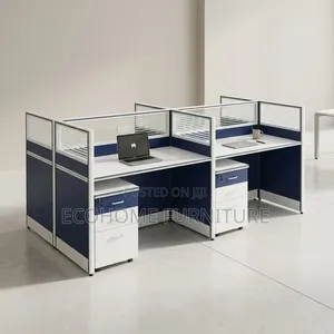 Office Desk; Blue Black 4 Way Workstation Desk