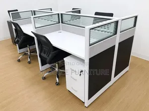 4-Way Office Workstation With Glass Partitions and Lockable Drawers