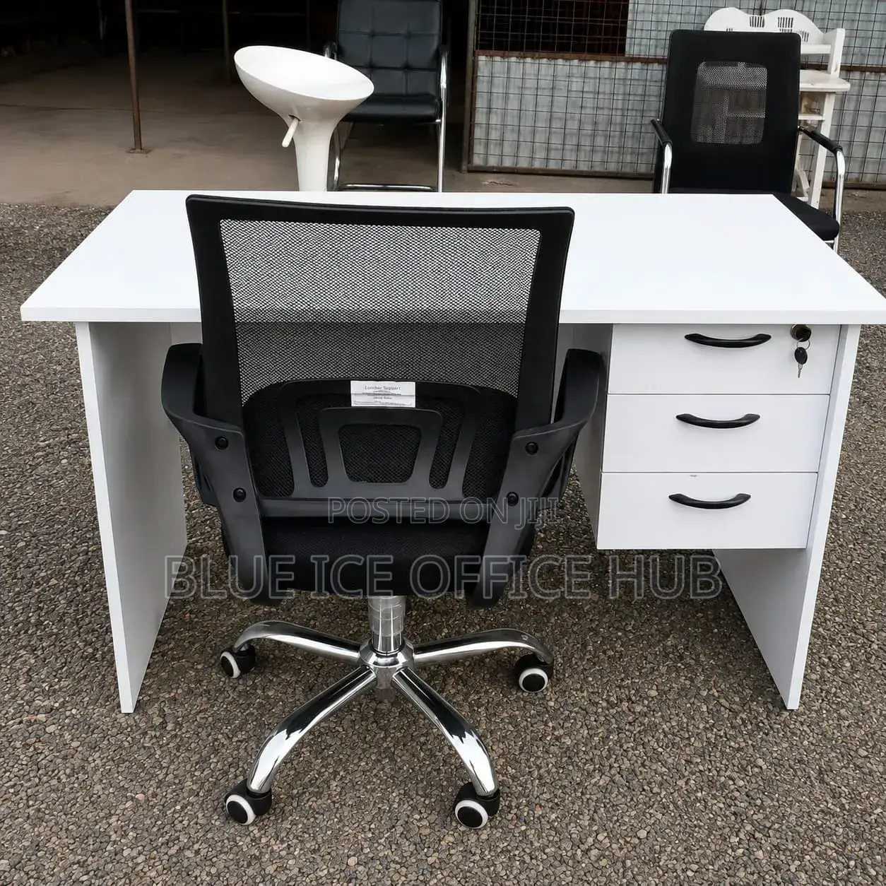 Executive White Desk With 3 Drawers and Ergonomic Chair