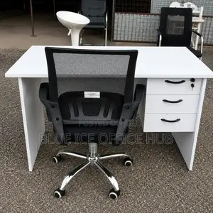 Executive White Desk With 3 Drawers and Ergonomic Chair