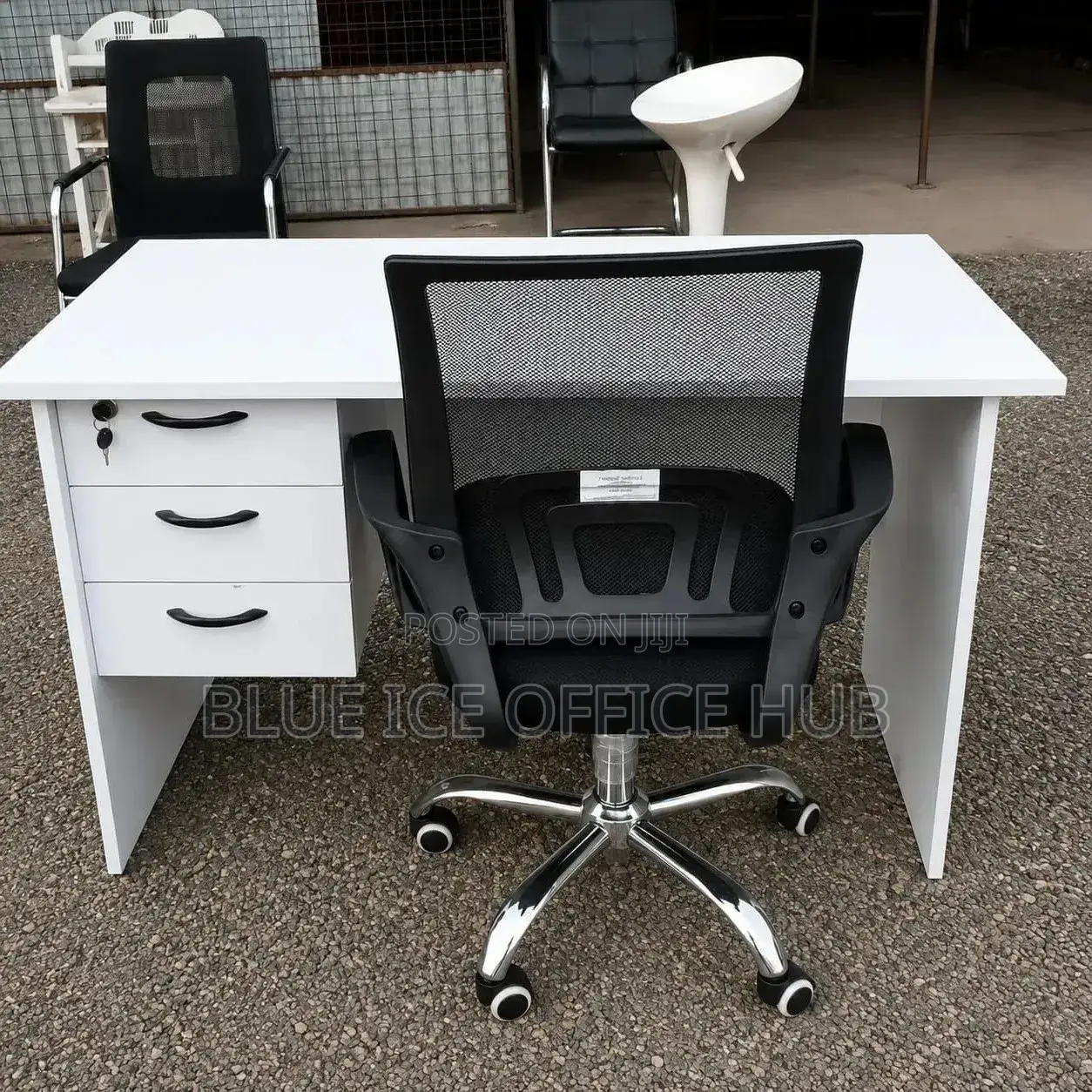 Executive White Desk With 3 Drawers and Ergonomic Chair