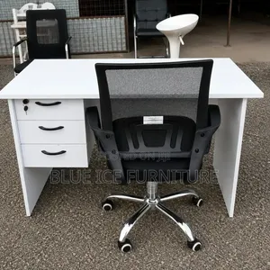 Executive White Desk With 3 Drawers and Ergonomic Chair