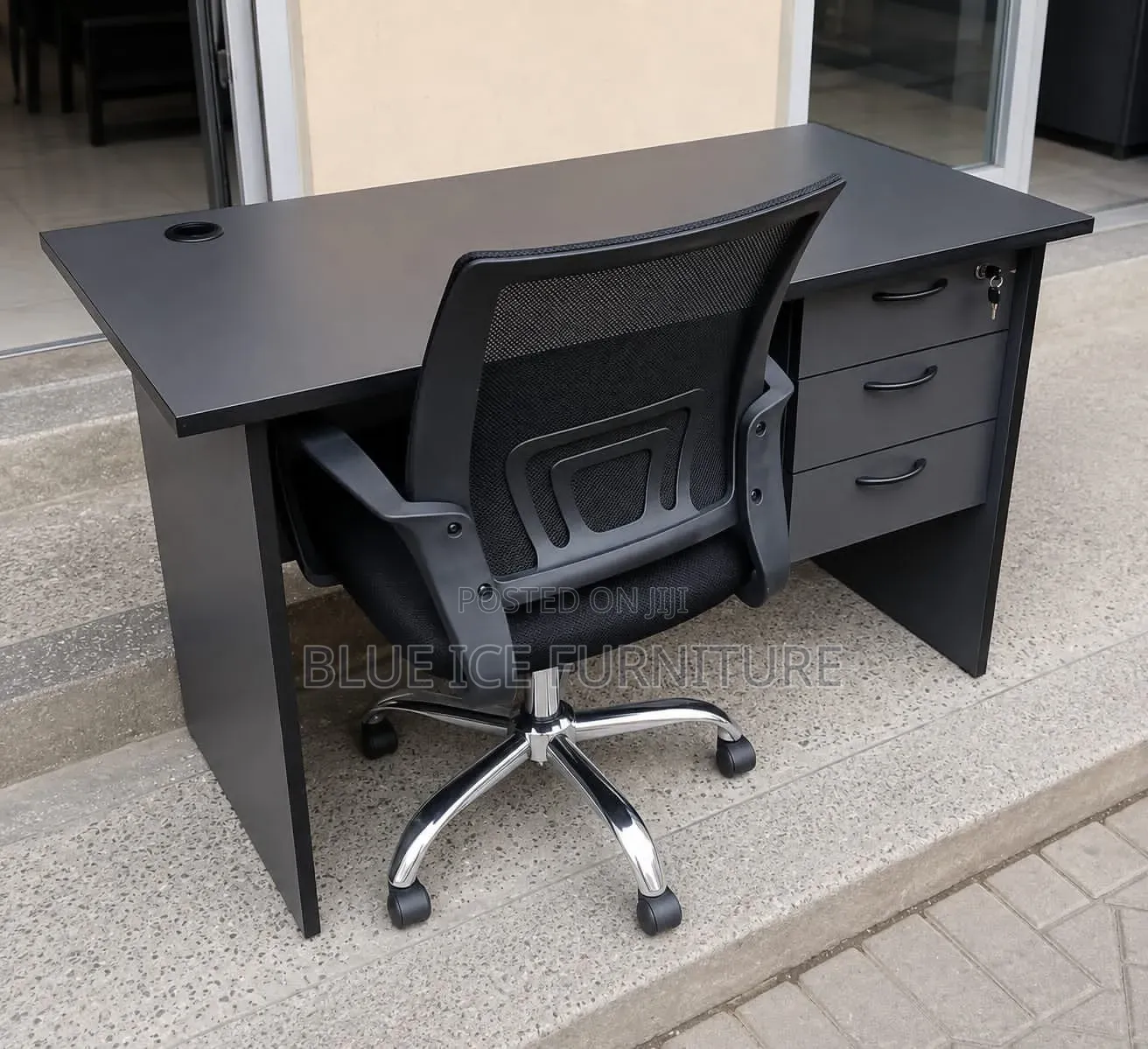 Modern Black Office Desk With Ergonomic Mesh Chair