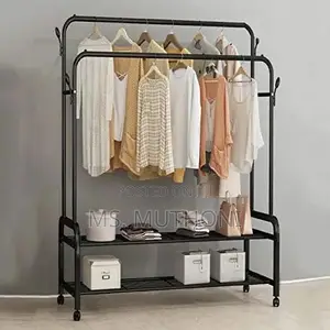 Antiwar Sturdy Metal Double Rodding Clothes Rack With Wheels,