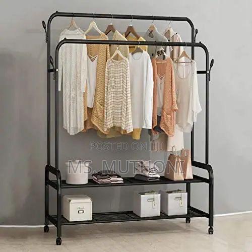 Antiwar Sturdy Metal Double Rodding Clothes Rack With Wheels, - main view