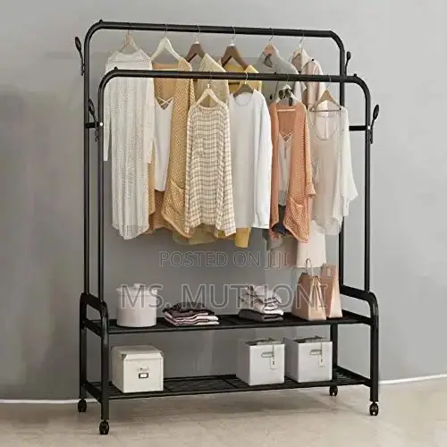 Antiwar Sturdy Metal Double Rodding Clothes Rack With Wheels,
