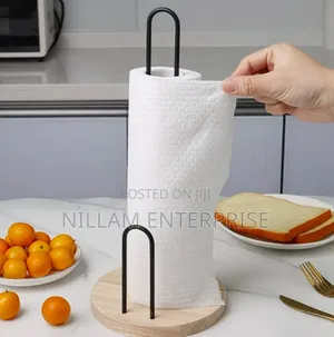 Black Metal Paper Towel Holder With Bamboo Base