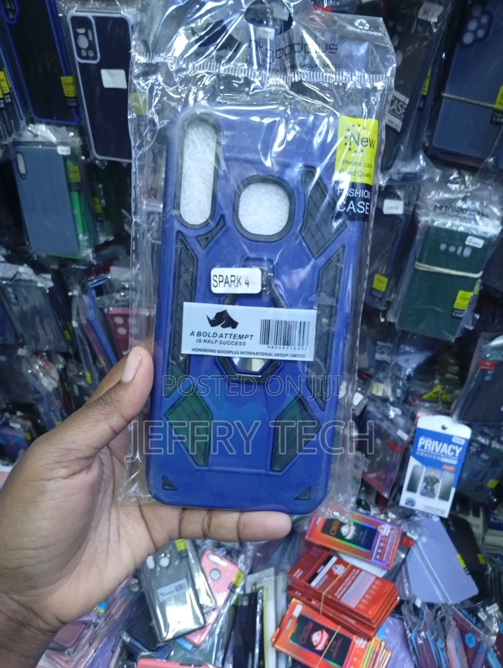 Blue Rugged Armor-Style Phone Case Labeled for the Tecno Spark 4